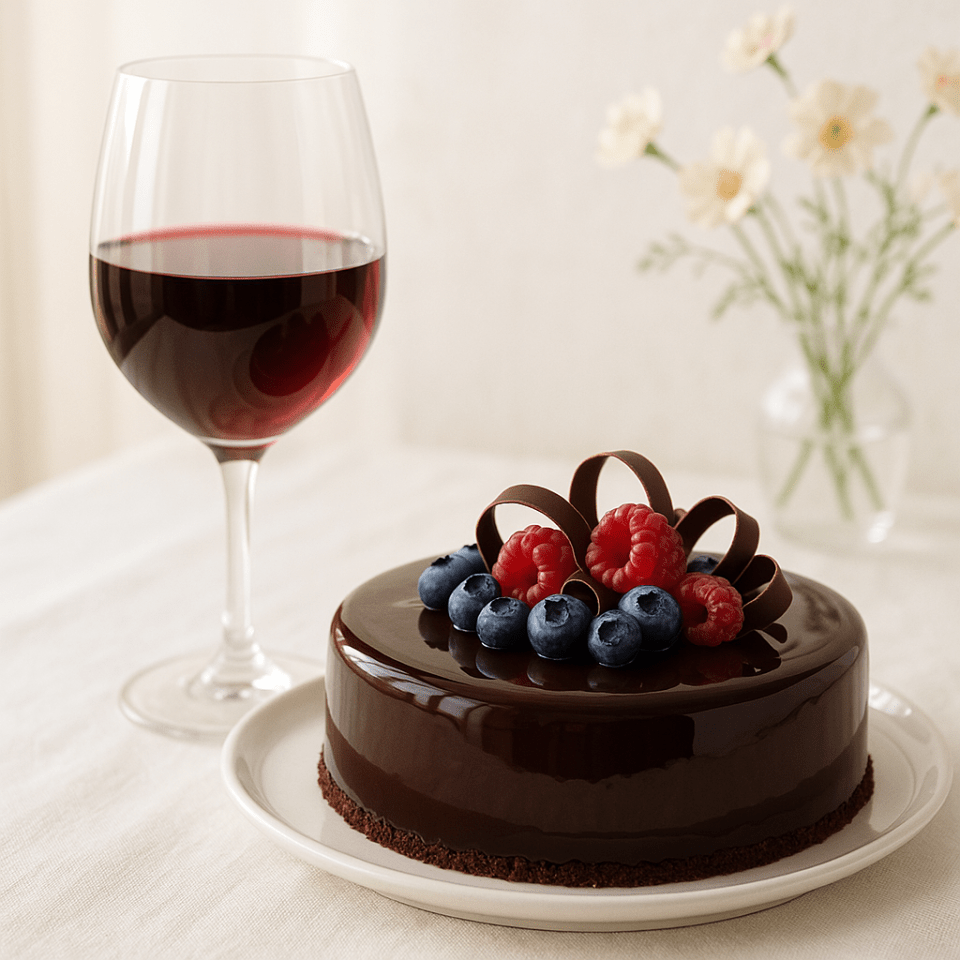 A hand holds a glass of red wine at an angle, vineyard in background