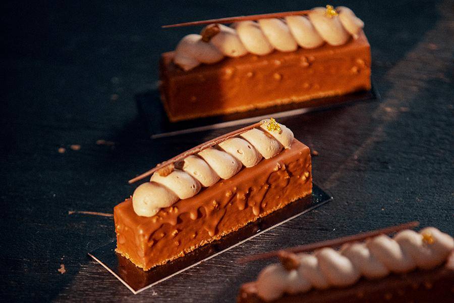 Tangerine-Cardamom Chocolate Layer Cake with a milk ganache montée from Callebaut chef Jurgen Koens